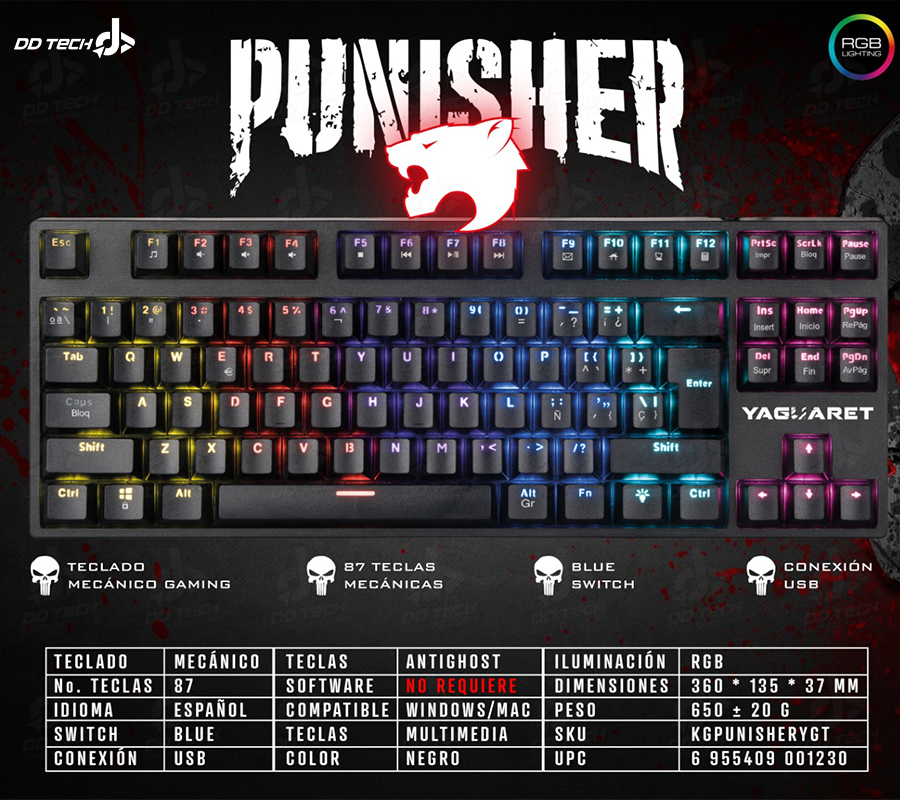 Teclado Gamer Mecanico Yaguaret Punisher Switch Outemu Blue / Alambrico /  Iluminación RGB / USB / KGPUNISHERYGT